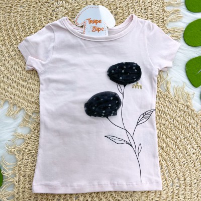 Conj Blusa Rosa e Preta e Saia de tule preto poá 